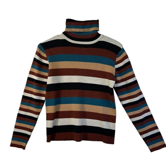 Vintage (r)elativity Striped Turtleneck Sweater Medium Black Rust Beige - Picture 4 of 15
